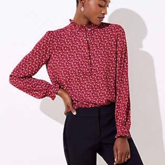 Loft Leaf Dot Ruffle Henley Utility Top Womens XL Garnet Red Lightweight Ditsy - Picture 1 of 14